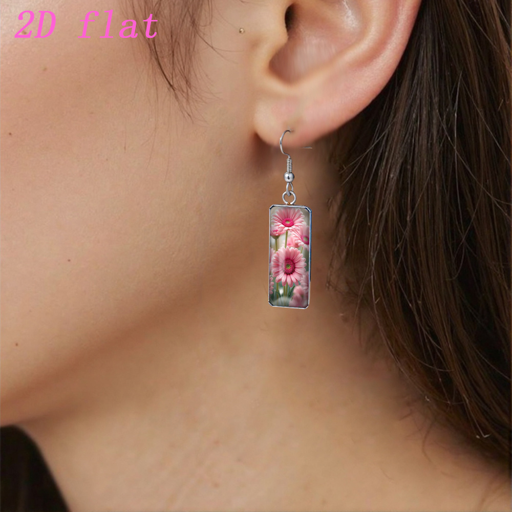Women's Pink Gerbera Pattern Glass Rectangle Earrings, Hypoallergenic